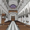 Grand Church Interior Featuring Arched Architecture Wooden Benches And Checkerboard Floor