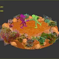 Game Movie Characters Fighting On Orange Circular Platform With Plants And Rocks