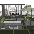 Modern Rooftop Garden with Gazebo Fire Pit Outdoor Furniture Umbrella and Green Plants