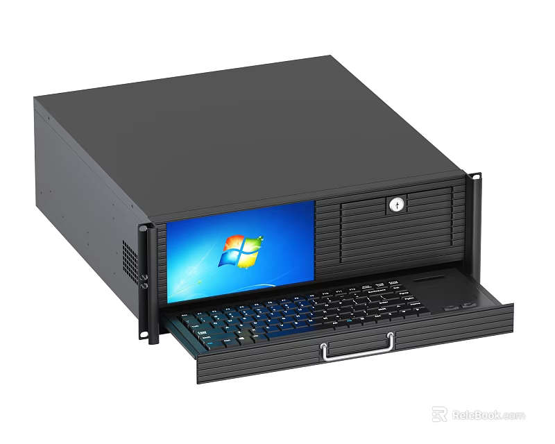 Black Industrial Computer With Pull Out Keyboard And Windows Screen Interface 3d model