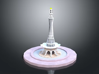 Tall White Tower Building With Circular Base Platform Water Feature And Yellow Top 3d model