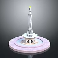 Tall White Tower Building With Circular Base Platform Water Feature And Yellow Top