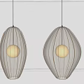 Two Modern Oval Striped Beige Pendant Lights Hanging On Gray Wall With Frame