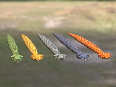 Five Different Colored Reptile Snakes Green Yellow Gray Dark Blue Orange on Grass Background 3d model