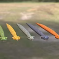Five Different Colored Reptile Snakes Green Yellow Gray Dark Blue Orange on Grass Background