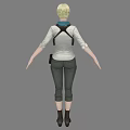 Blonde Woman In White Shirt Blue Scarf Black Pants And Black Boots