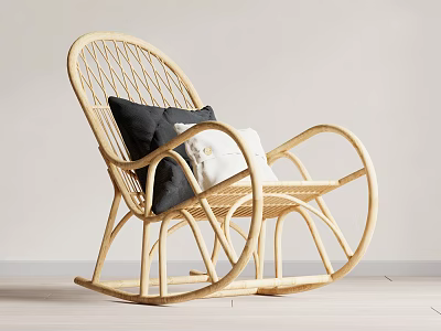 Rattan Woven Leisure Rocking Chair With Light Wooden Frame And Black White Cushions 3d model