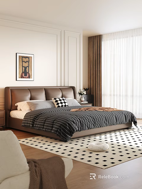 Modern Brown Leather Upholstered Double Bed For Warm Cozy Bedroom Home Interior Design 3d model 