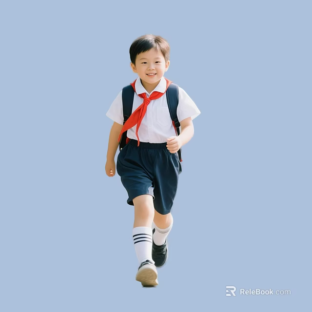 School Children Running With Backpacks In White Shirts Red Scarves And Dark Shorts 3d model 