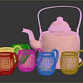 Shiny Copper Tableware Set Including Teapot And Mugs For Dining Use