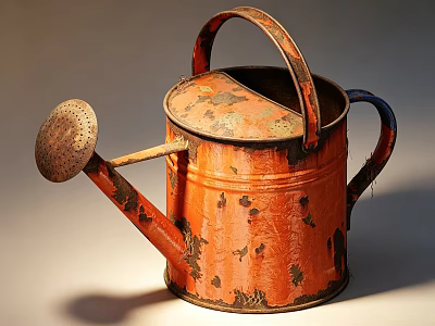 Vintage Orange Metal Hardware Tool With Rustic Distressed Watering Can Design 3d model