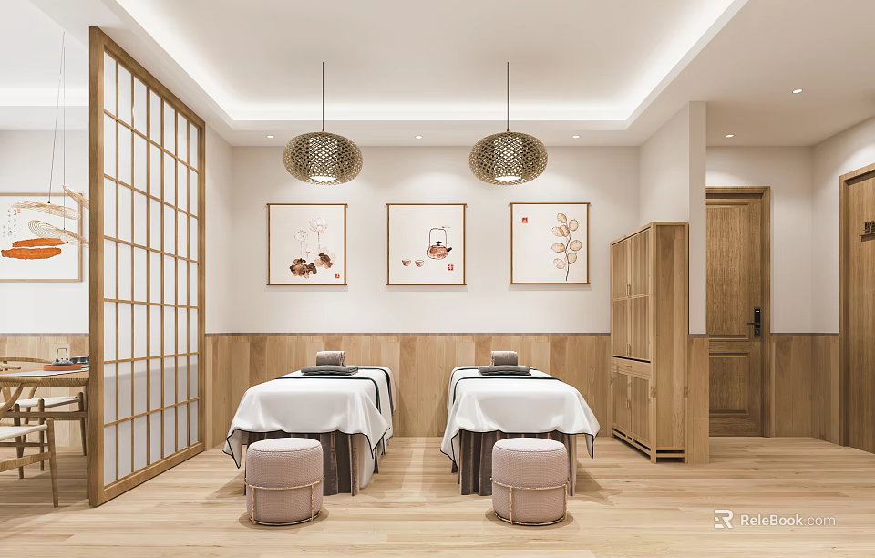 SPA Sauna Interior With Wooden Massage Beds White Sheets Decorative Paintings And Stools 3d model 