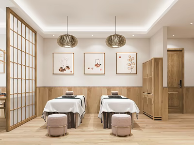 SPA Sauna Interior With Wooden Massage Beds White Sheets Decorative Paintings And Stools 3d model