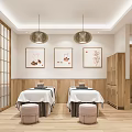 SPA Sauna Interior With Wooden Massage Beds White Sheets Decorative Paintings And Stools