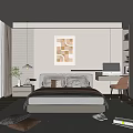 Modern Minimalist Bedroom With Geometric Artwork Bed Desk Gray Rug And Pendant Light