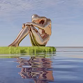 Golden Human Figure Sculpture sitting on green platform above water with clear reflection