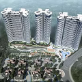 Modern Curved High Rise Building With Balconies Pedestrian Walkway And Green Trees