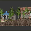 Cartoon Scene With Small Red Roof House Blue Roofed Pavilion Green Trees And Vegetable Garden