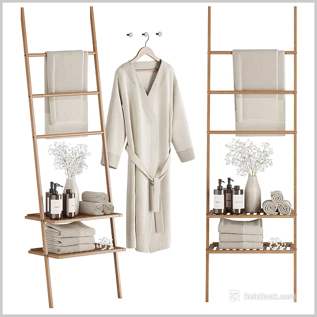 Stylish Bathroom Set With Wooden Ladder Shelves Hanging Robe Stacked Towels And Toiletry Vases 3d model 