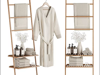 Stylish Bathroom Set With Wooden Ladder Shelves Hanging Robe Stacked Towels And Toiletry Vases 3d model
