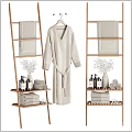 Stylish Bathroom Set With Wooden Ladder Shelves Hanging Robe Stacked Towels And Toiletry Vases