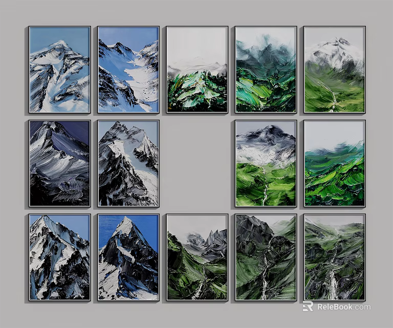 Mountain Landscape Paintings With Snowy Peaks Green Valleys And Various Color Tones 3d model 