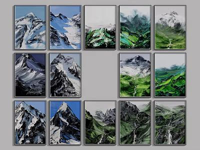Mountain Landscape Paintings With Snowy Peaks Green Valleys And Various Color Tones 3d model