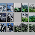 Mountain Landscape Paintings With Snowy Peaks Green Valleys And Various Color Tones
