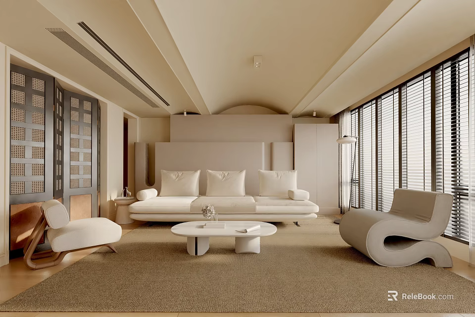 Modern Living Room Interior With White Sofa Round Coffee Table Curved Armchair And Neutral Rug 3d model 