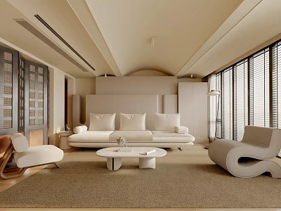 Modern Living Room Interior With White Sofa Round Coffee Table Curved Armchair And Neutral Rug 3d model