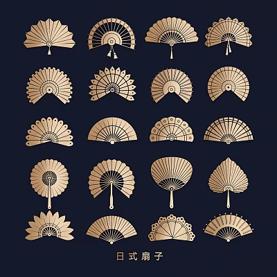 Golden Fan Silhouettes Collection With Various Traditional Designs On Dark Backdrop 3d model