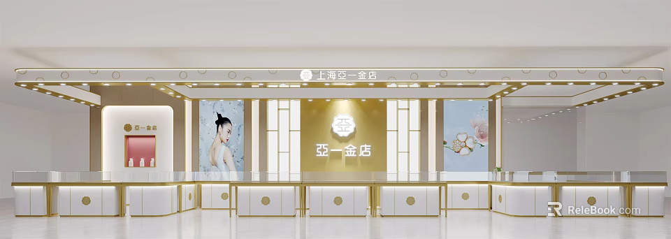 Luxurious Jewelry Store Interior Design Featuring Golden Decor Display Counters And Floral Model Billboards 3d model 