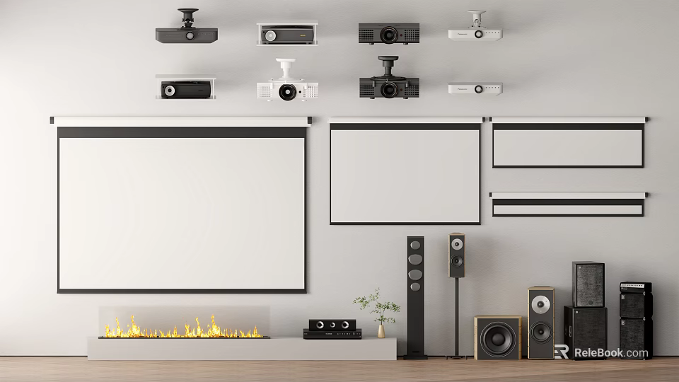 Projection and Surveillance System Setup With Wall Mounted Cameras Screens and Speakers 3d model 