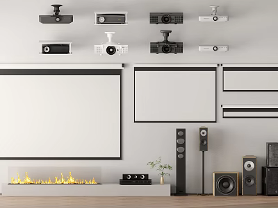 Projection and Surveillance System Setup With Wall Mounted Cameras Screens and Speakers 3d model