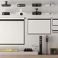 Projection and Surveillance System Setup With Wall Mounted Cameras Screens and Speakers