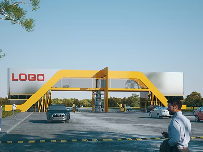 Yellow Modern Entrance Gate With LOGO Signage And Vehicles Passing Through 3d model
