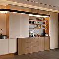Modern Light Colored Wooden Sideboard With Open Shelves Bottles Cups And Fruit Tray