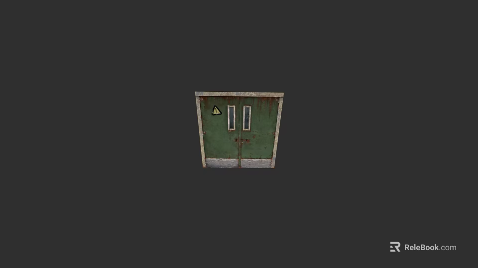 Green Rusty Metal Double Gate With Yellow Triangle Warning Sign 3d model 