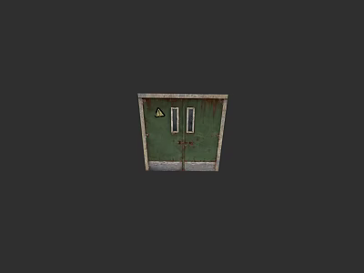 Green Rusty Metal Double Gate With Yellow Triangle Warning Sign 3d model