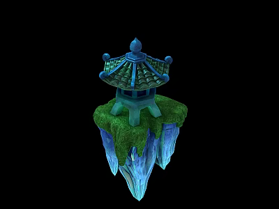 Traditional Pavilion Decorative Furniture On Floating Island With Green Grass And Blue Ice Base 3d model