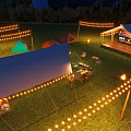 Outdoor Night Garden Landscape with Tents String Lights Dining Chairs Bonfire and Trees on Grass