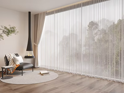 White Sheer Curtains For Large Window In Modern Room With Green Trees View And Armchair 3d model