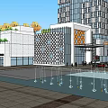 Modern Twin Office Building Towers With Plaza Umbrella Shades And Landscaped Area