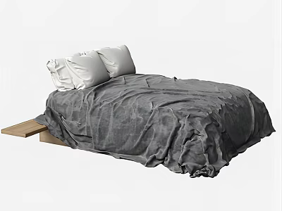 Double Bed With Gray Comforter White Pillows And Wooden Side Table 3d model
