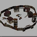 Circular Wooden Fence Enclosed Small Houses Tents Scattered Items And A Sign