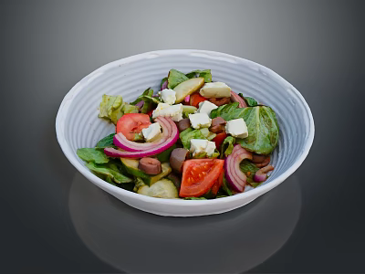 Fresh Healthy Salad Bowl with Lettuce Tomato Red Onion and Feta Cheese 3d model