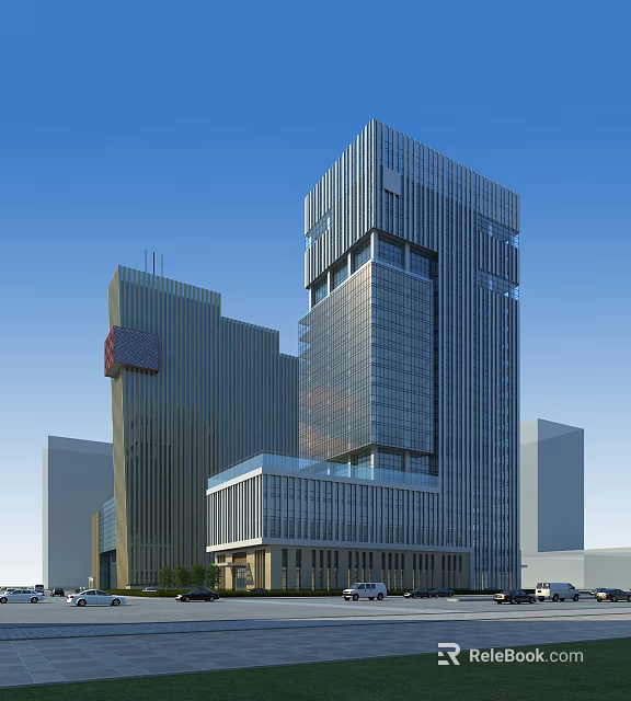 Modern High Rise Office Building With Glass Curtain Wall And Metal Facade Design 3d model 