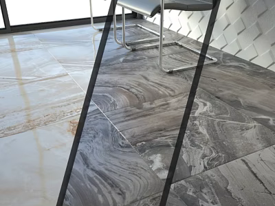 Modern Marble Texture Tile Floor Interior With Gray Beige Pattern And Metal Chair Legs 3d model