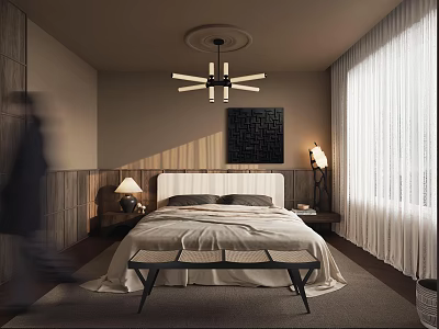 Modern Bedroom Interior with Bed Bedside Tables Lamps Chandelier and Curtains 3d model