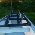 Detached Villa with Glass Roof Black Frame White Railings Gray Stone Slabs and Sunset Sky